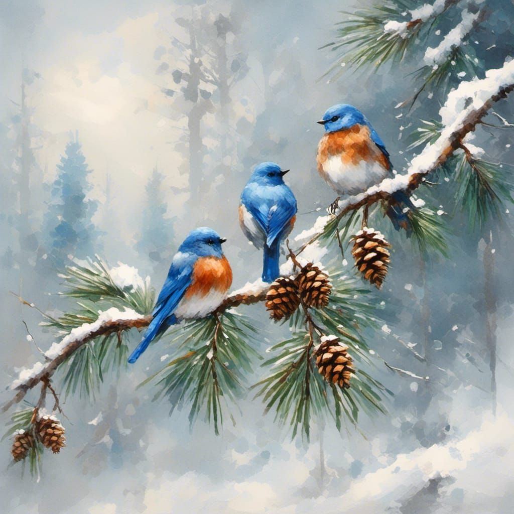 Bluebird on Snowy Pine Branch, Mixed Media Art