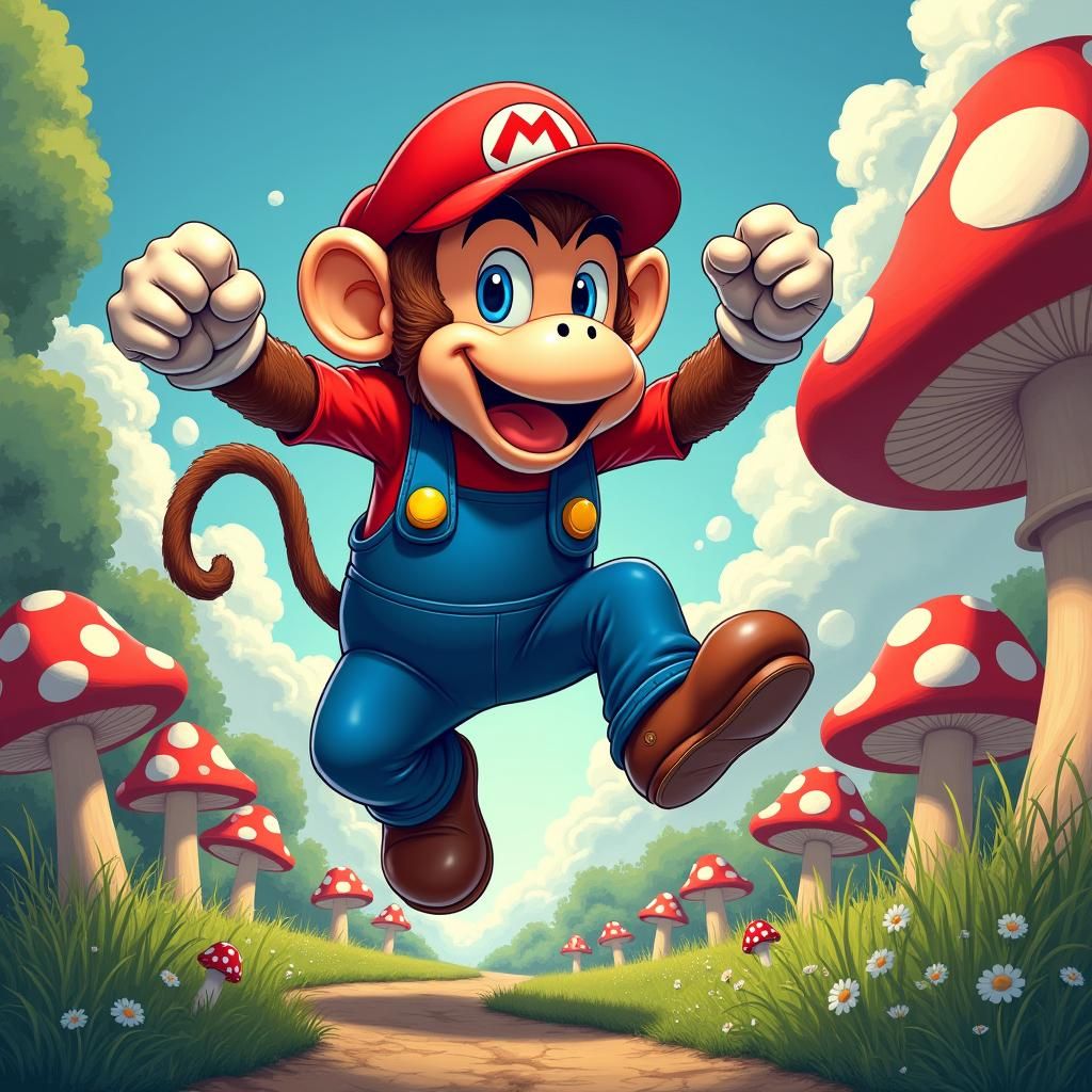 Monkey in Mario Outfit, Comic Book Art