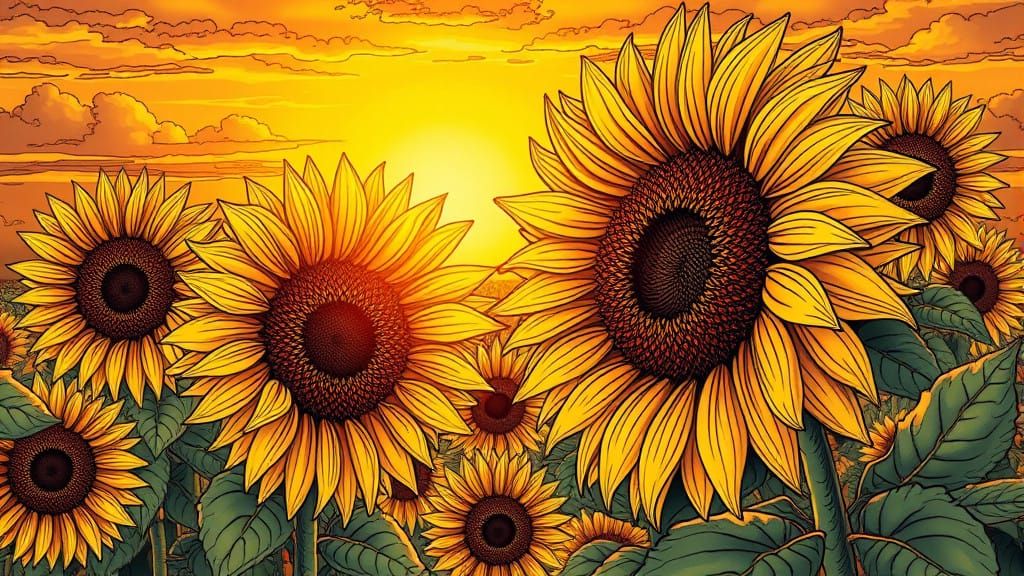 Vibrant Comic Book Sunflower Radiates Golden Hour Beauty