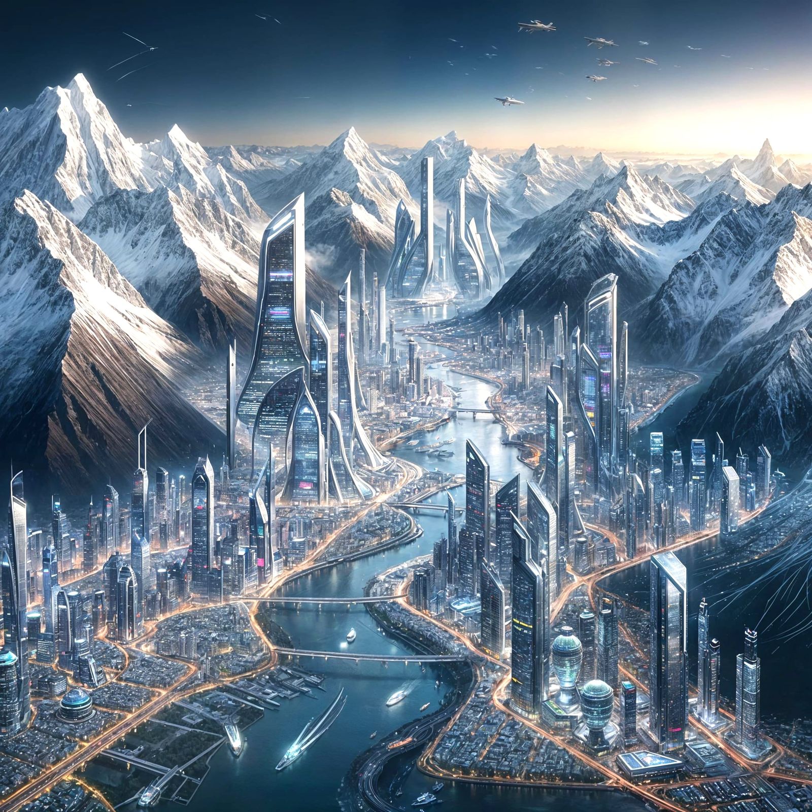 Hyper-Futuristic City Nestled in Snowy Mountains