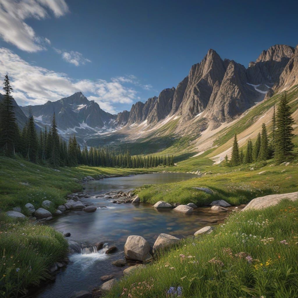 Majestic Mountain Range with Serene Waterfall