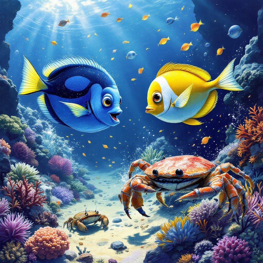 Vibrant Fish Outrun Determined Crab Across Sunlit Ocean Floo...