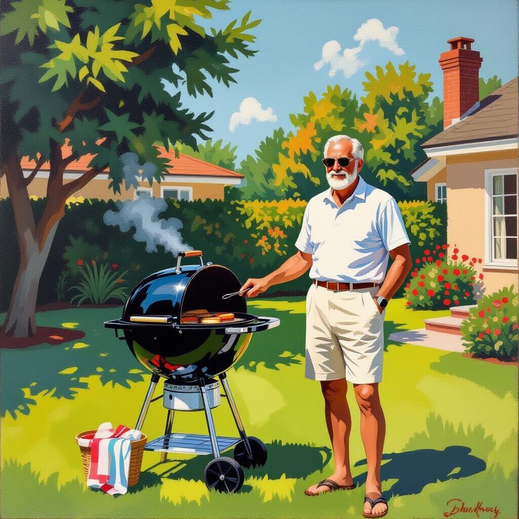 Dad Grilling on Sunny Lawn in Hockney Style