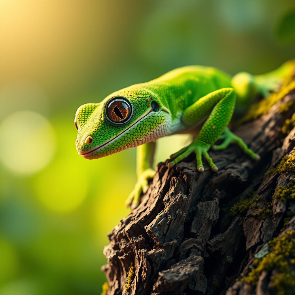 Vibrant Gecko on Mossy Branch in Hyper-Realism