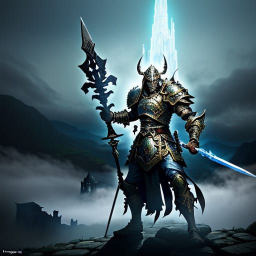 Ethereal Warrior in Ancient Ruins Landscape