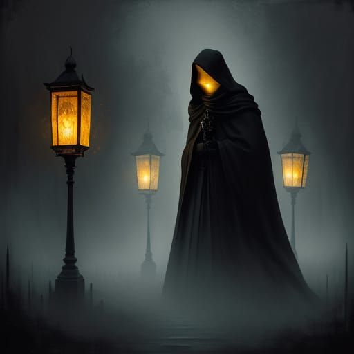 Woman with Lantern in Misty Crossroads, Oil Painting