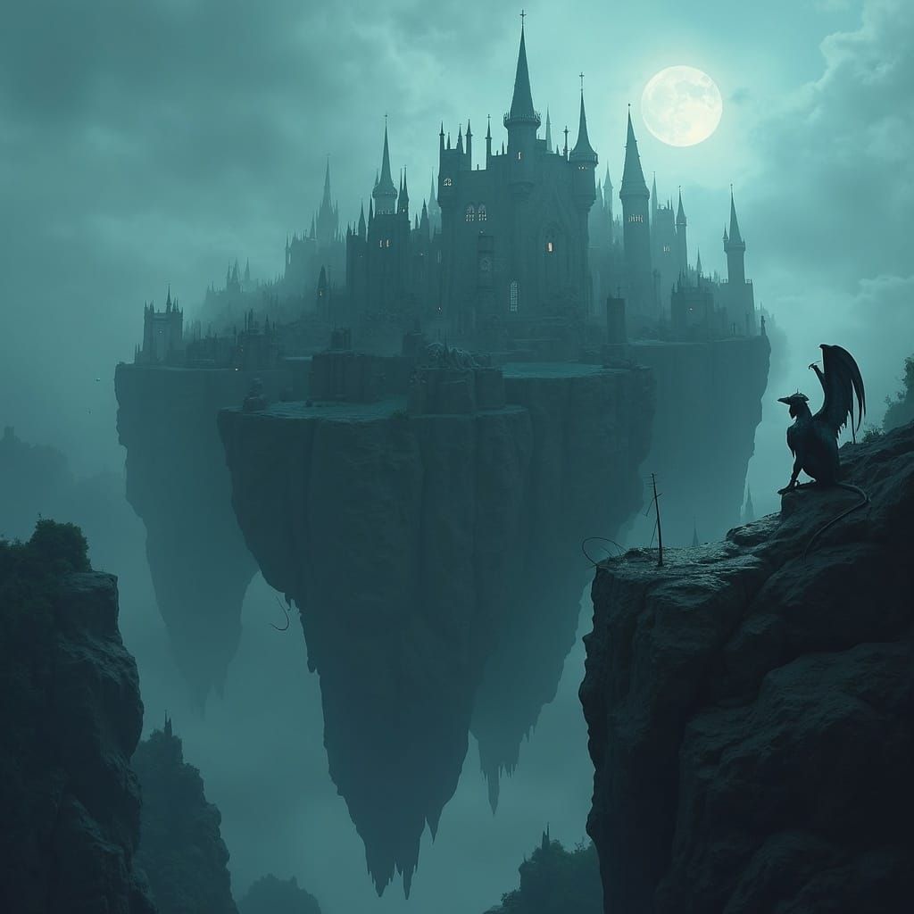 Gothic Cityscape on Floating Rocks in Twilight