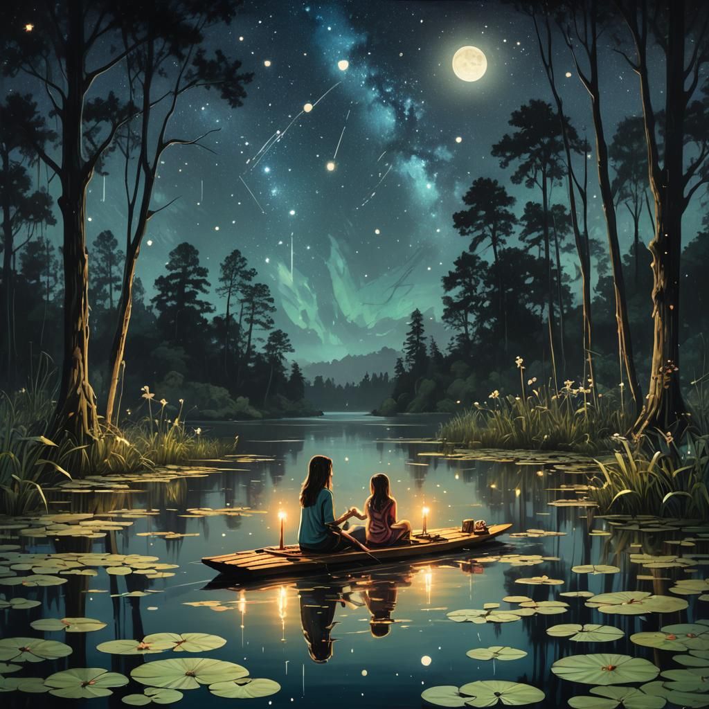 Girls on Glowing Lake in Graffiti Art Style