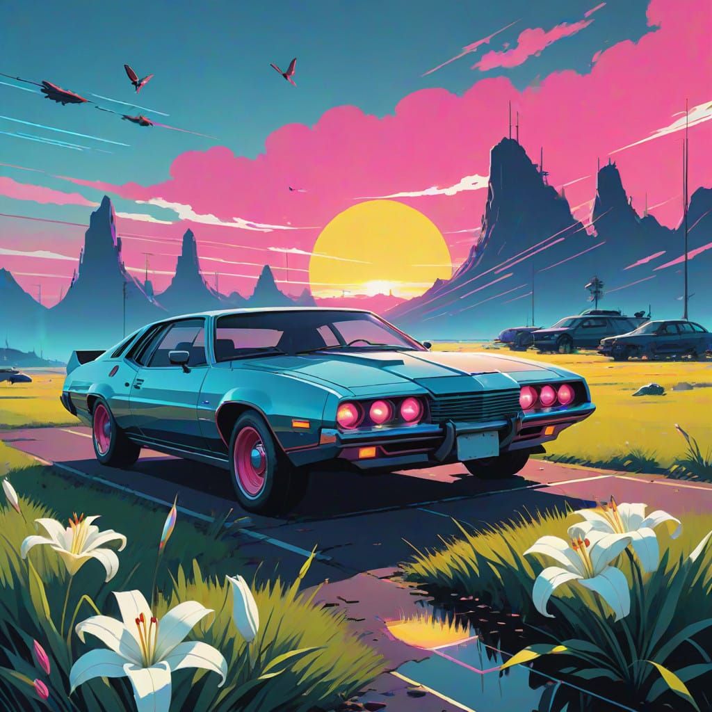 Vibrant Butterflies Amidst Retro Futuristic Lilies