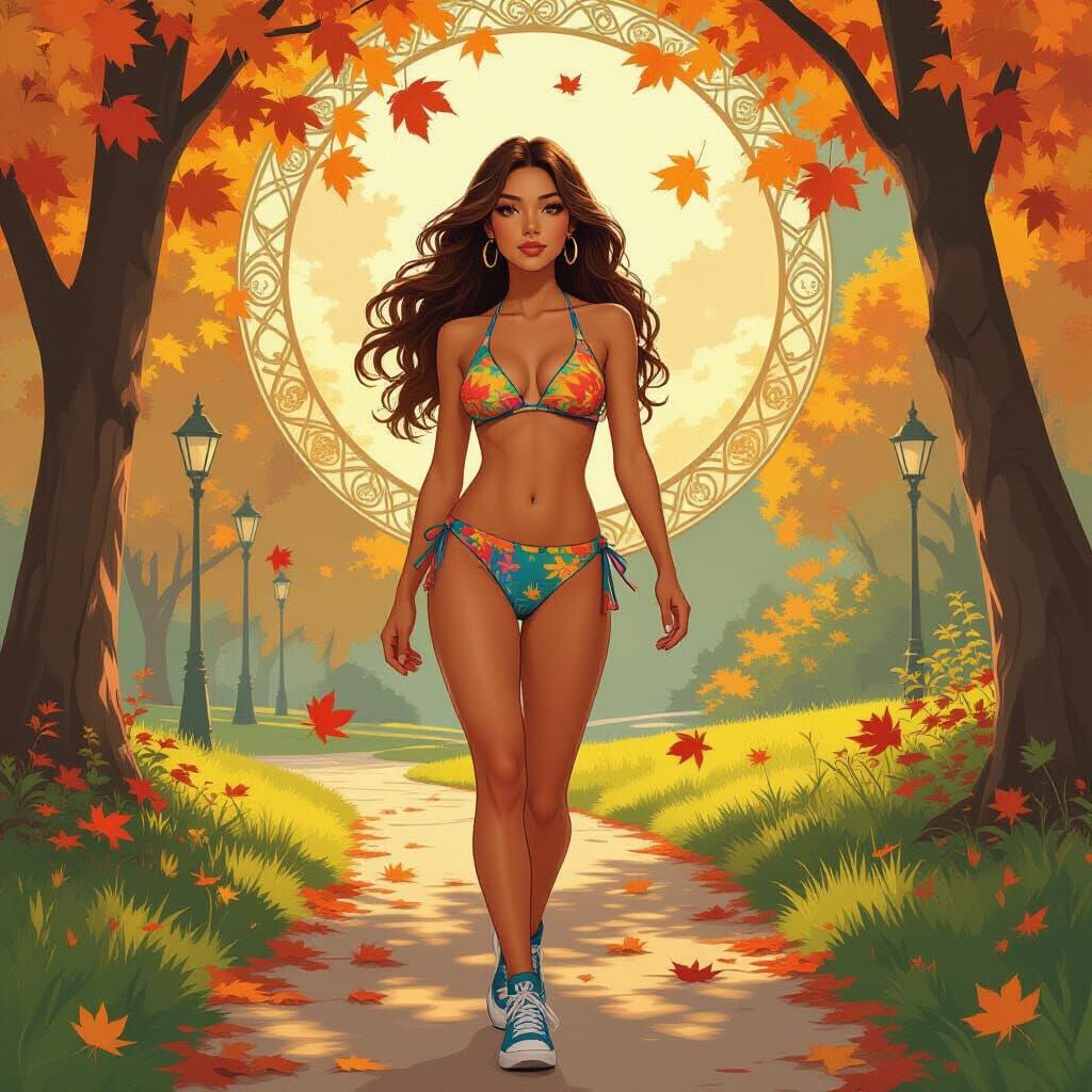 Autumn Park Scene: Woman in Bikini Amidst Falling Leaves