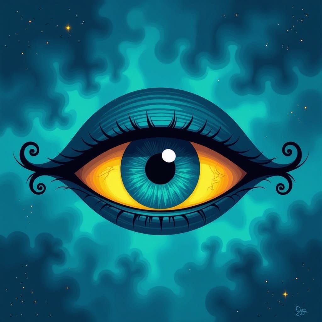 Mystical Turquoise Dreamscape with Dark Blue Evil Eye Symbol