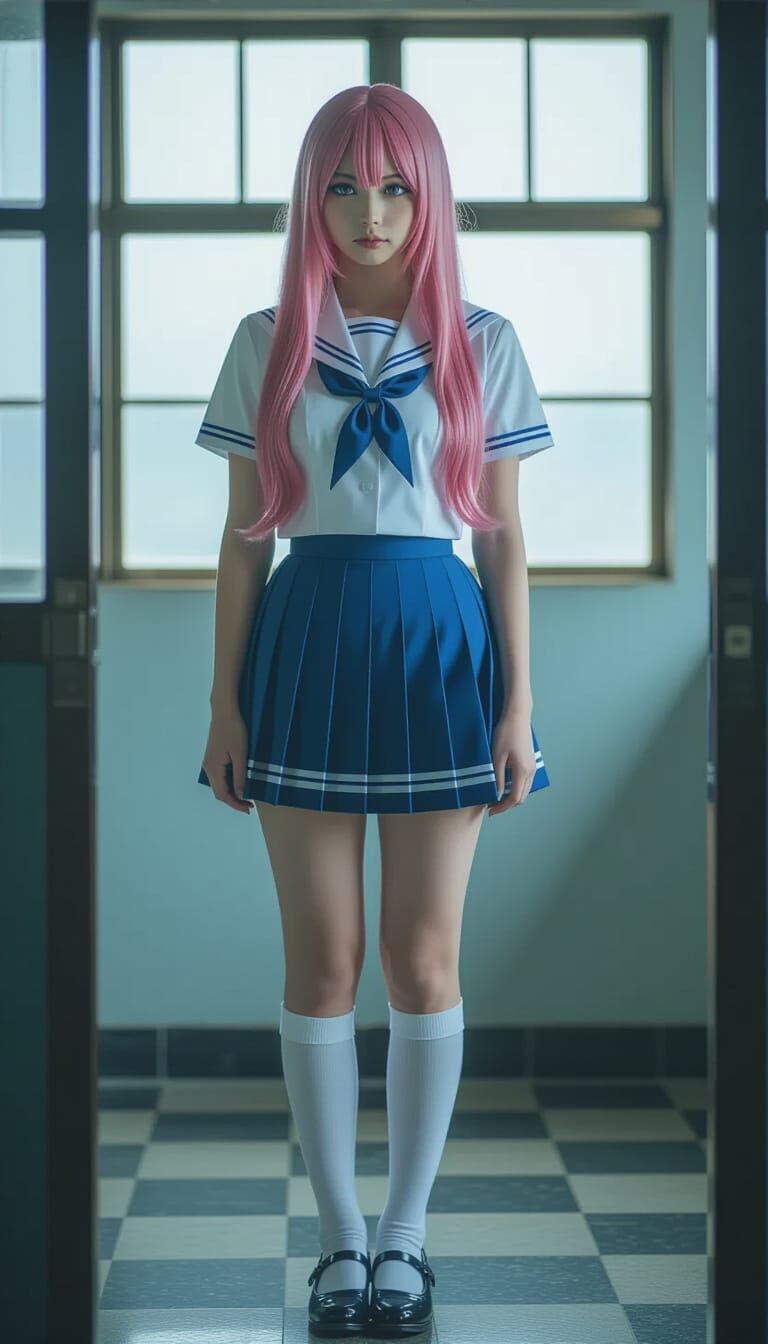 Pink-Haired Woman in Seifuku Uniform, Realistic Photography