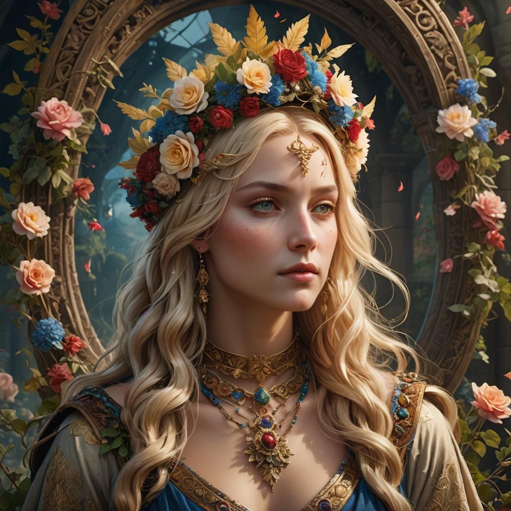 Blonde Goddess with Flower Crown, Leonardo da Vinci Style
