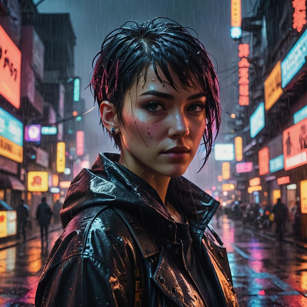 Neon City Girl Portrait in Cyberpunk Style