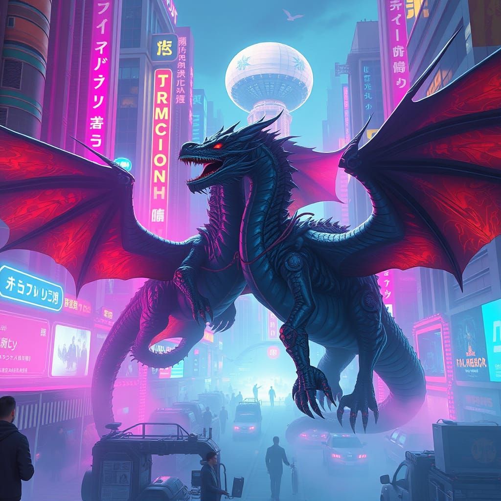 Dragons in Neon Cityscape: Retro Sci-Fi Magic