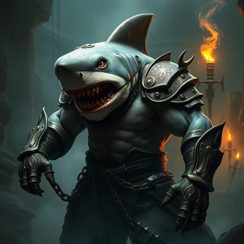 Gothic Shark Warrior in Ancient Fantasy Realm