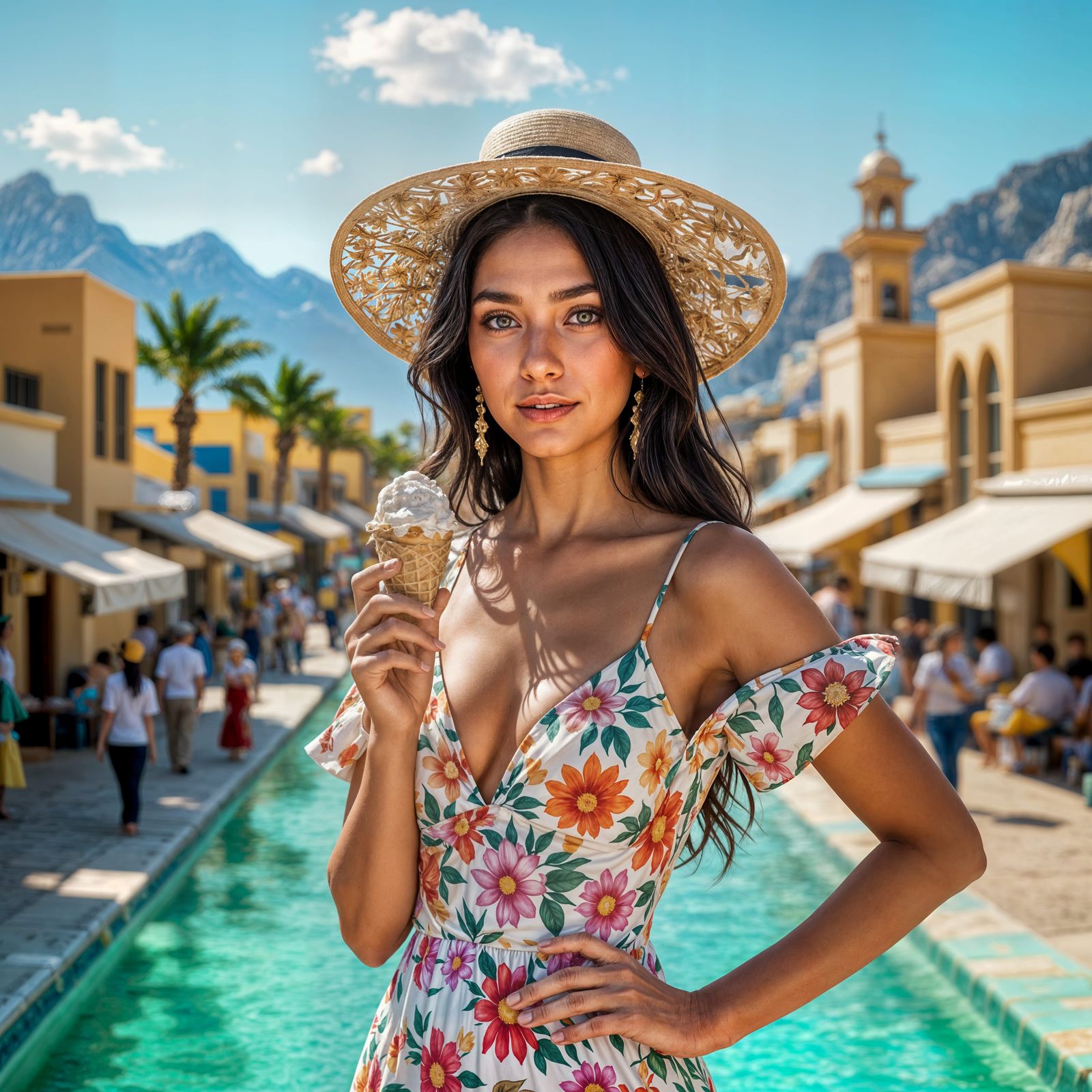 Woman in Floral Dress with Unique Hat and Ice Cream