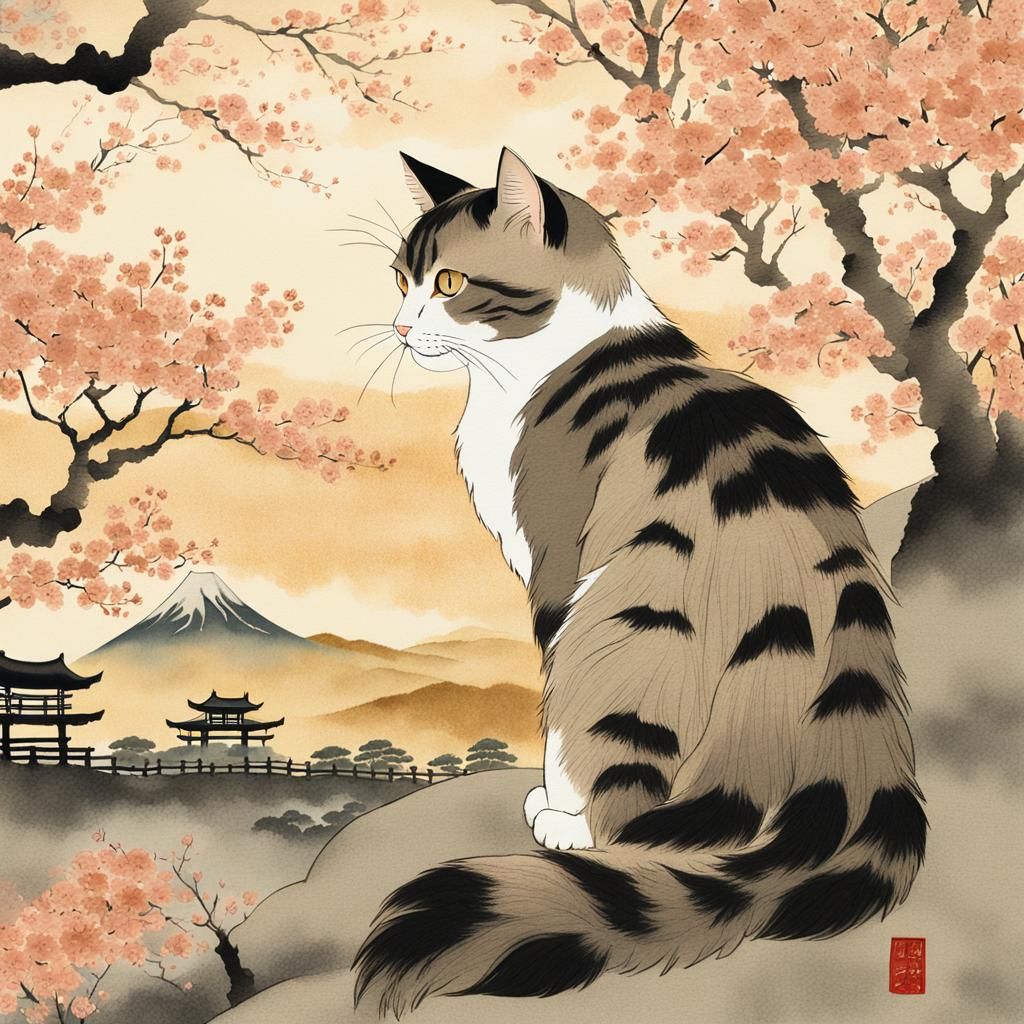 Ukiyo-e Style Cat in Serene Landscape
