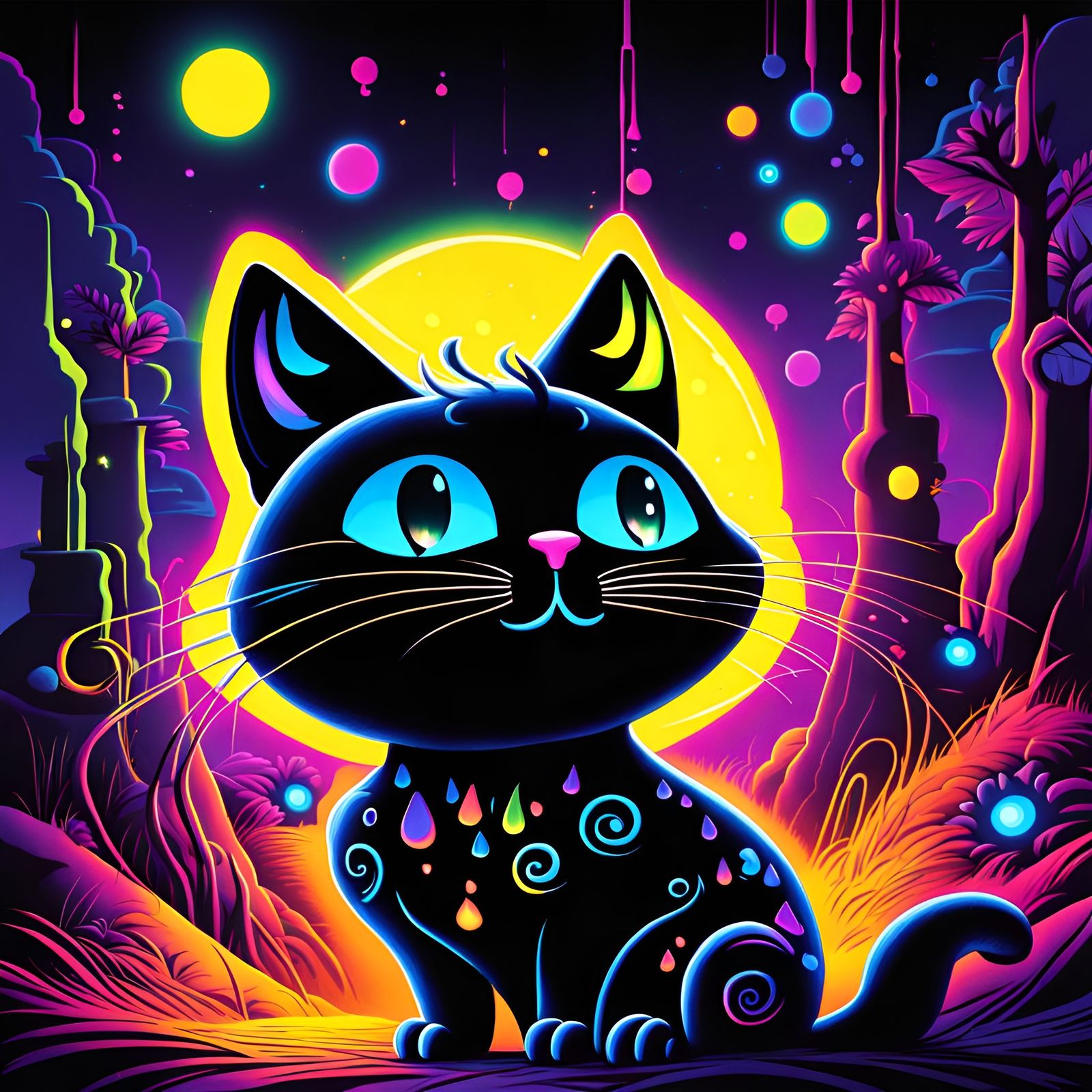 Black Light Graffiti Cat in Cartoon Style