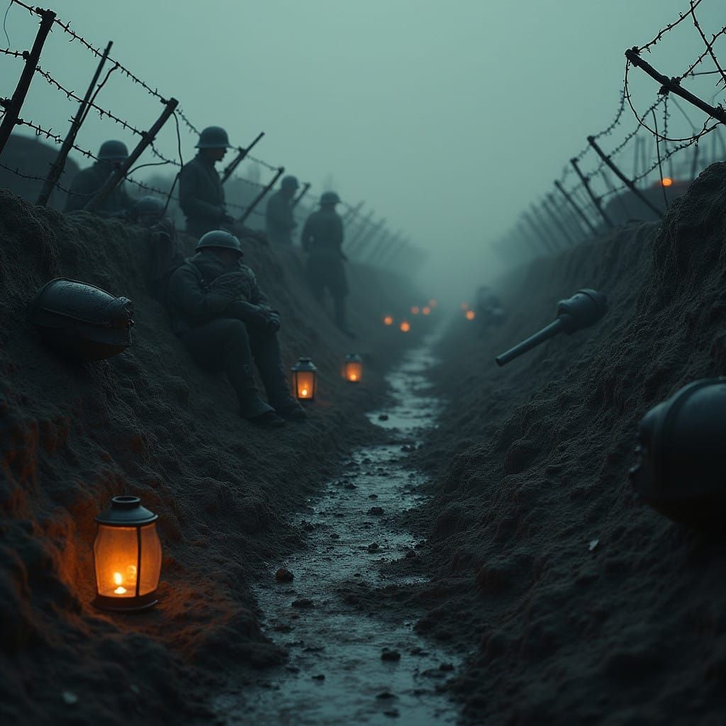 WWI German Soldiers in Trenches, a Haunting Dark Fantasy Sce...