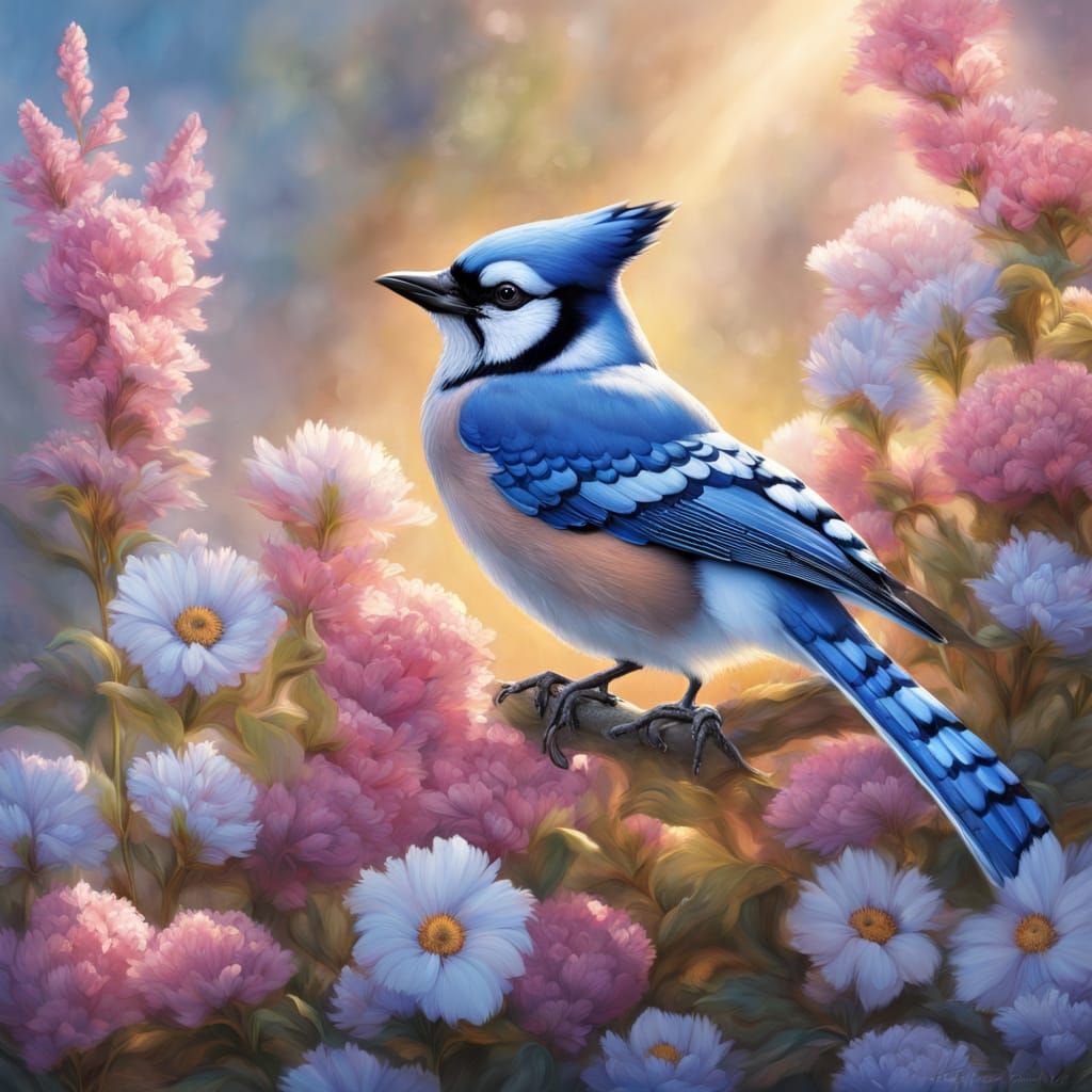 Vibrant Oil Painting of a Perched Bluejay