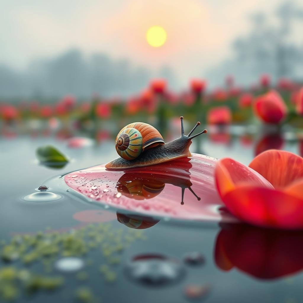Colorful Snail on Tulip Petal in Watercolor Style
