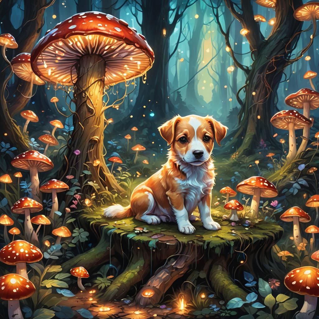 Pup on Mushroom Throne in Fantasy Forest