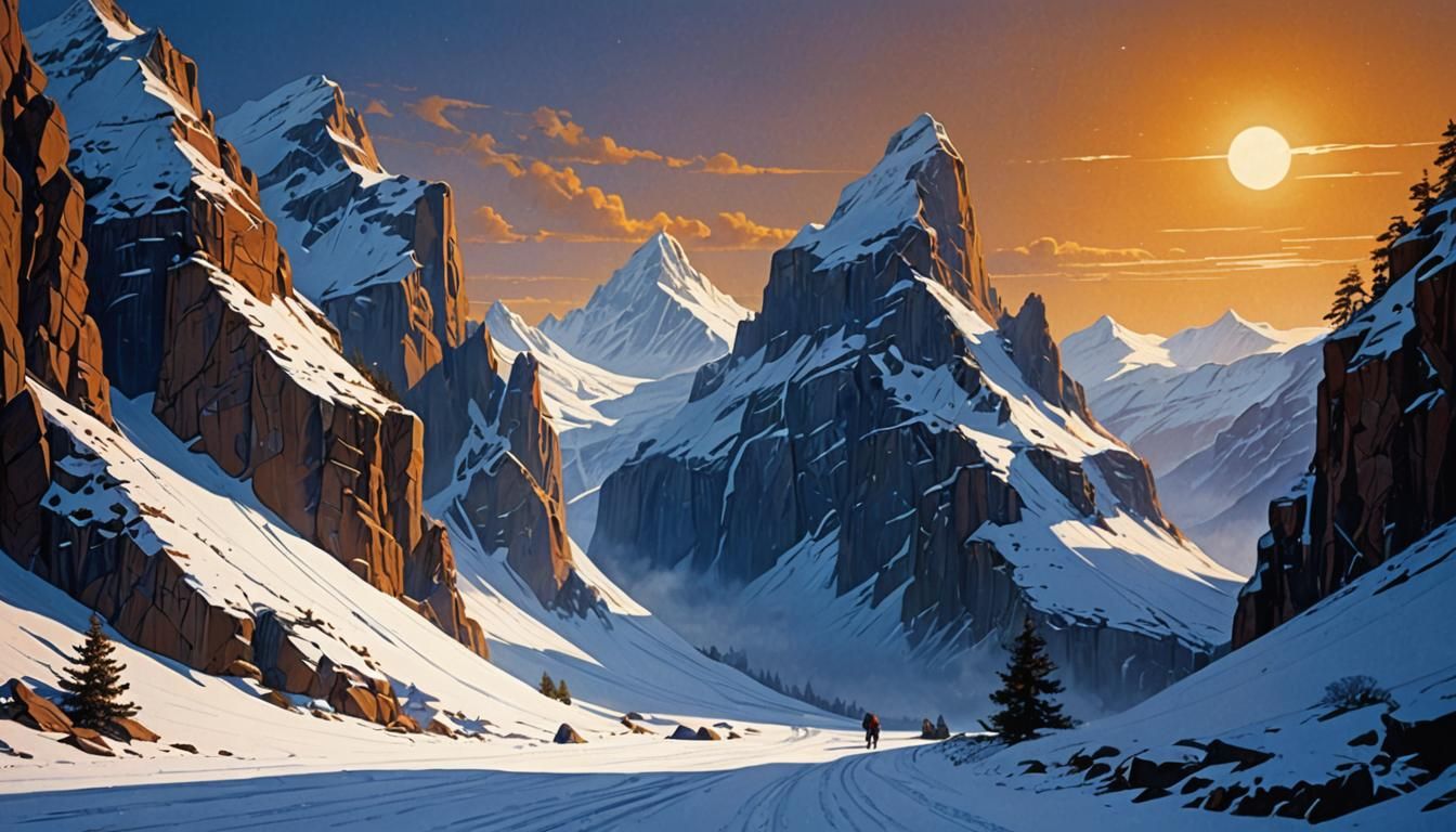 Snowy Mountain Pass in Digital Matte Painting Style