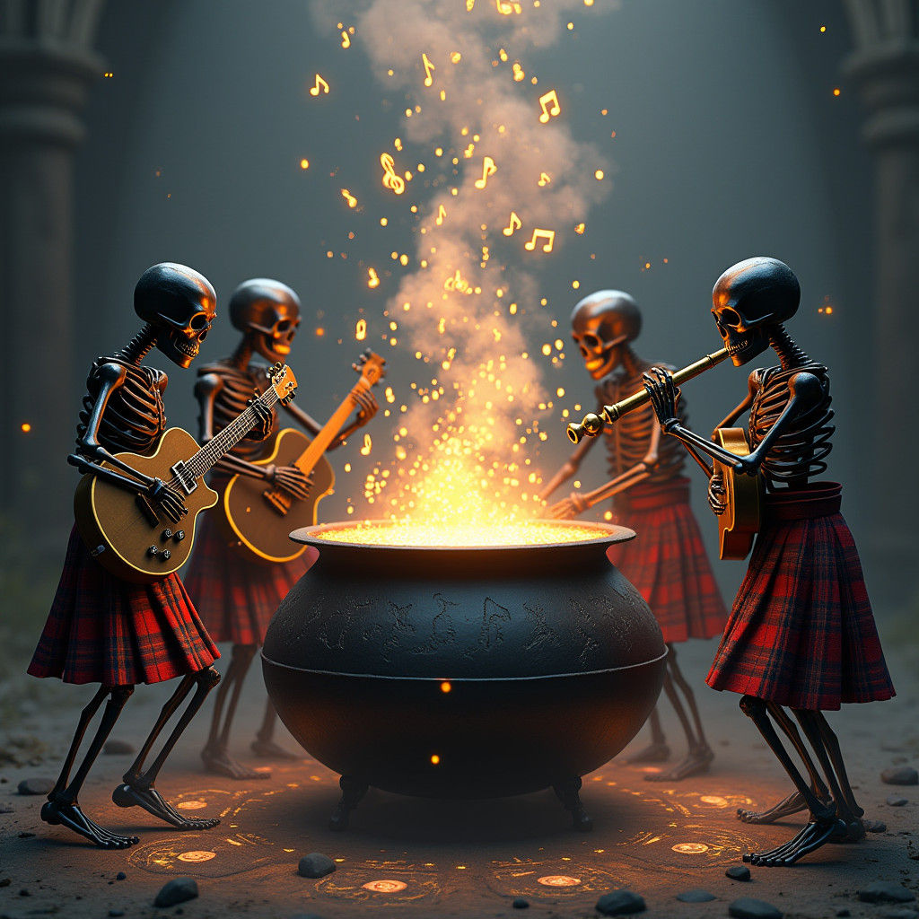 Skeletons in Kilts Play Music Around Cauldron