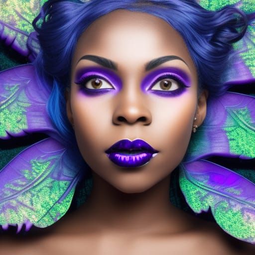 Ethereal Gothic African-American young lady with purple fairy wings& purple eyeshadow& Black lipstick& Shimmery golden g...
