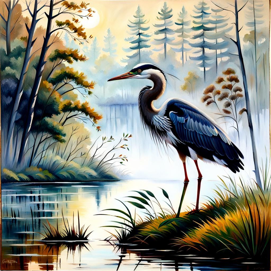 Heron in Morning Mist: An Oil Painting