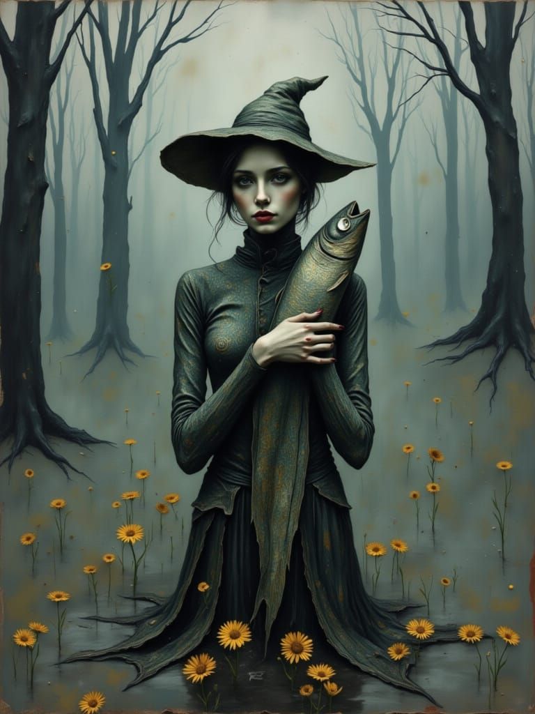 Woman Holding Fish in Dreamlike Surrealism