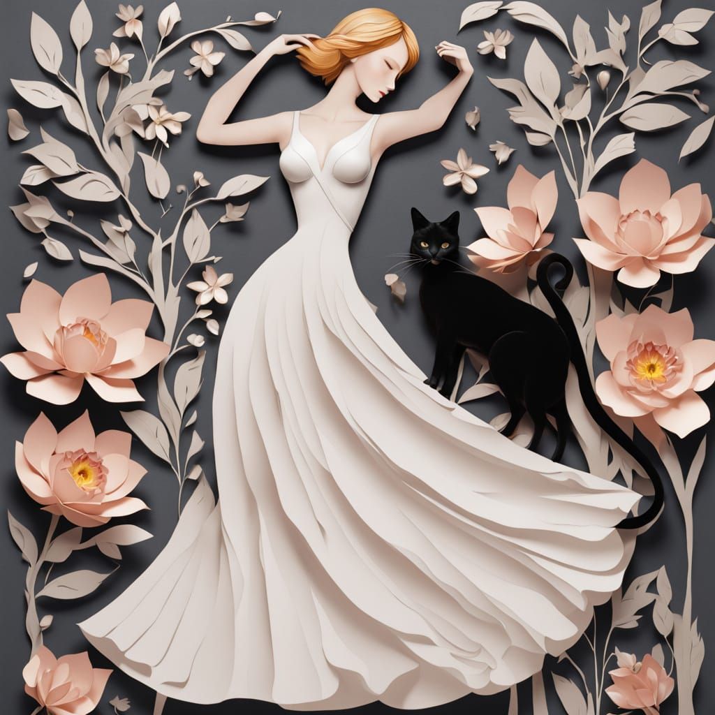 Elegant Woman in Whimsical Paper Art Landscape