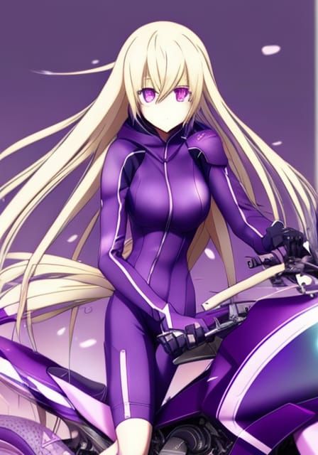Anime Female Athlete on Purple Motorbike