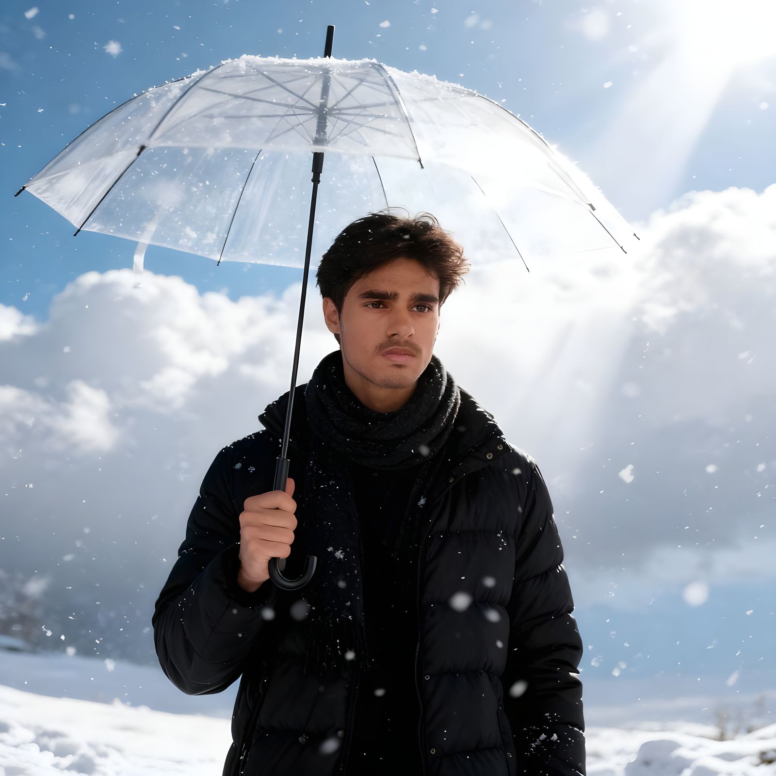Man in Snowstorm Holding Clear Umbrella Photorealistic
