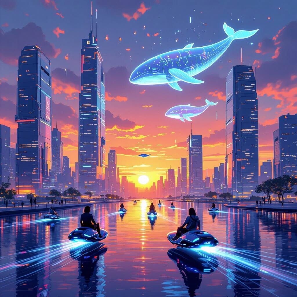 Futuristic Cityscape with Holographic Whales
