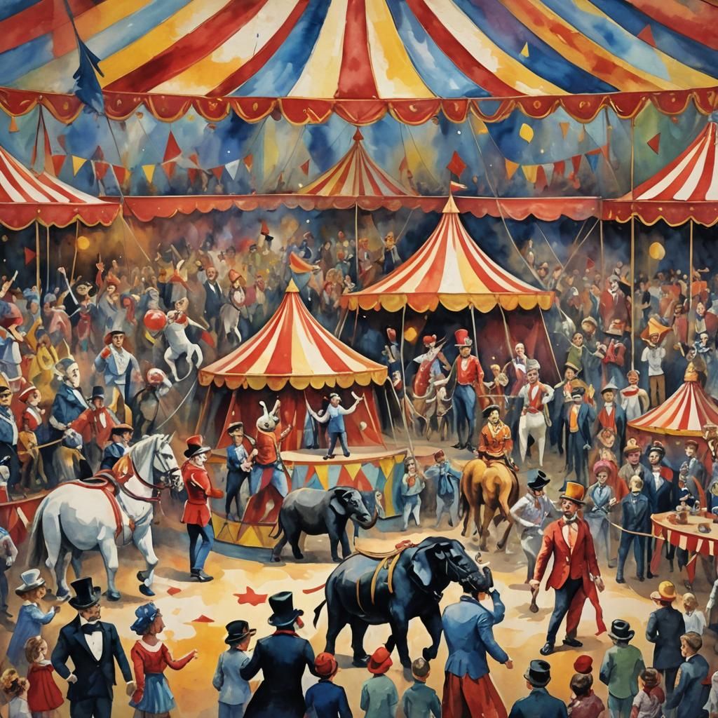 Impressionist Circus in Gouache and Watercolor Style