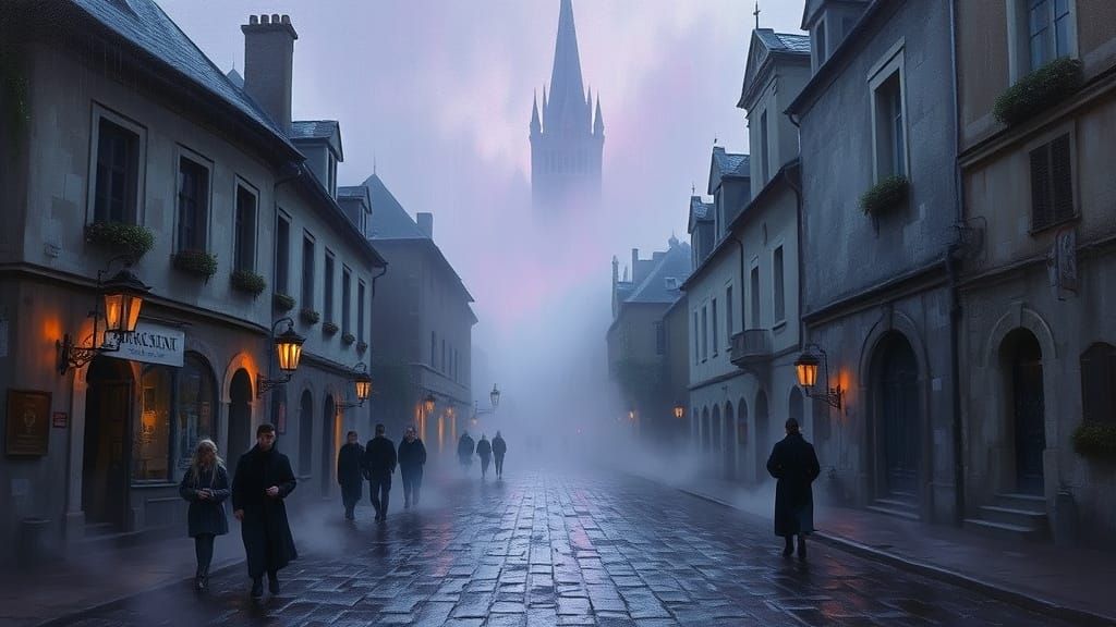 Medieval European City Street in Moody Twilight