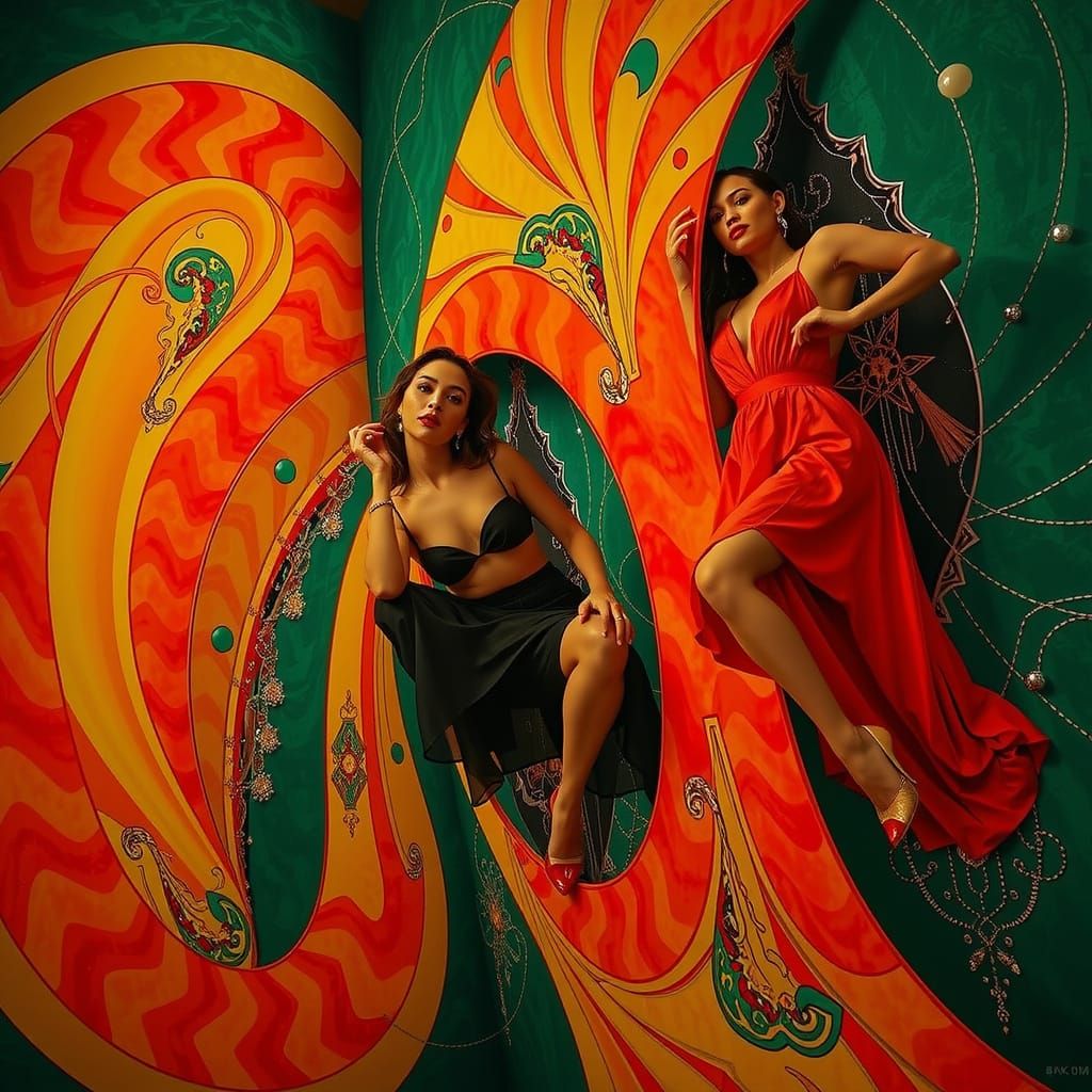 Glamorous Women in Surreal Maximalist Scene