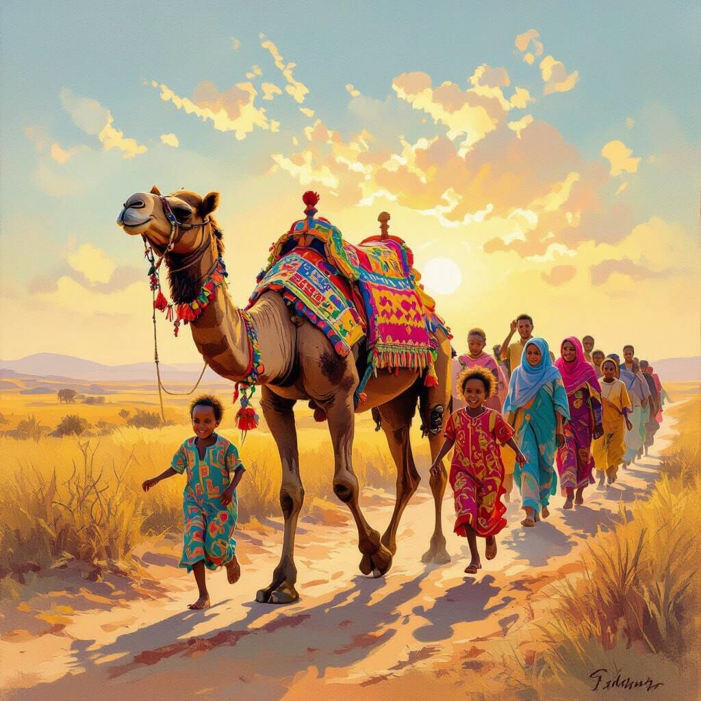 Somali Cultural Procession with Camel in Oil Painting Style