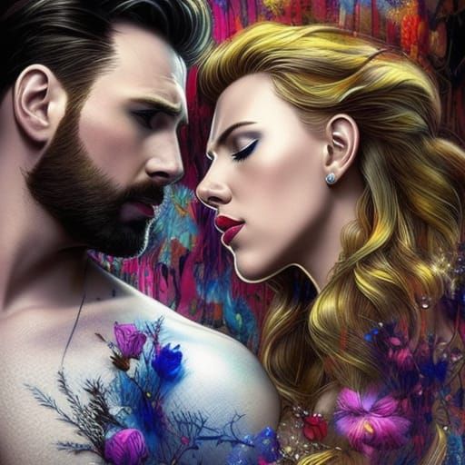 Romantic Kiss Amidst Flowers in Splash Art Style