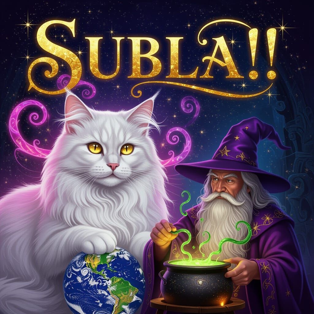 Magical White Cat in Surreal Fantasy Collage