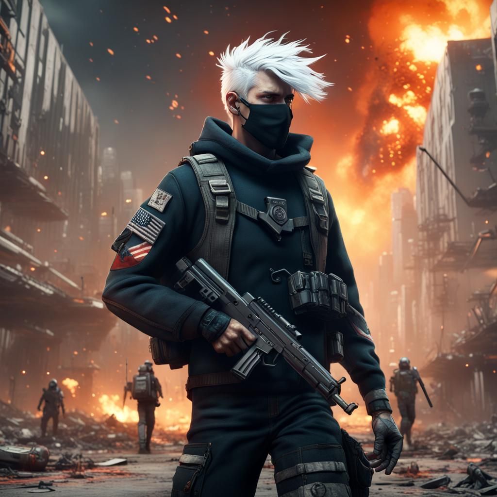 Cyberpunk Anarchist in Warzone: Detailed Matte Painting