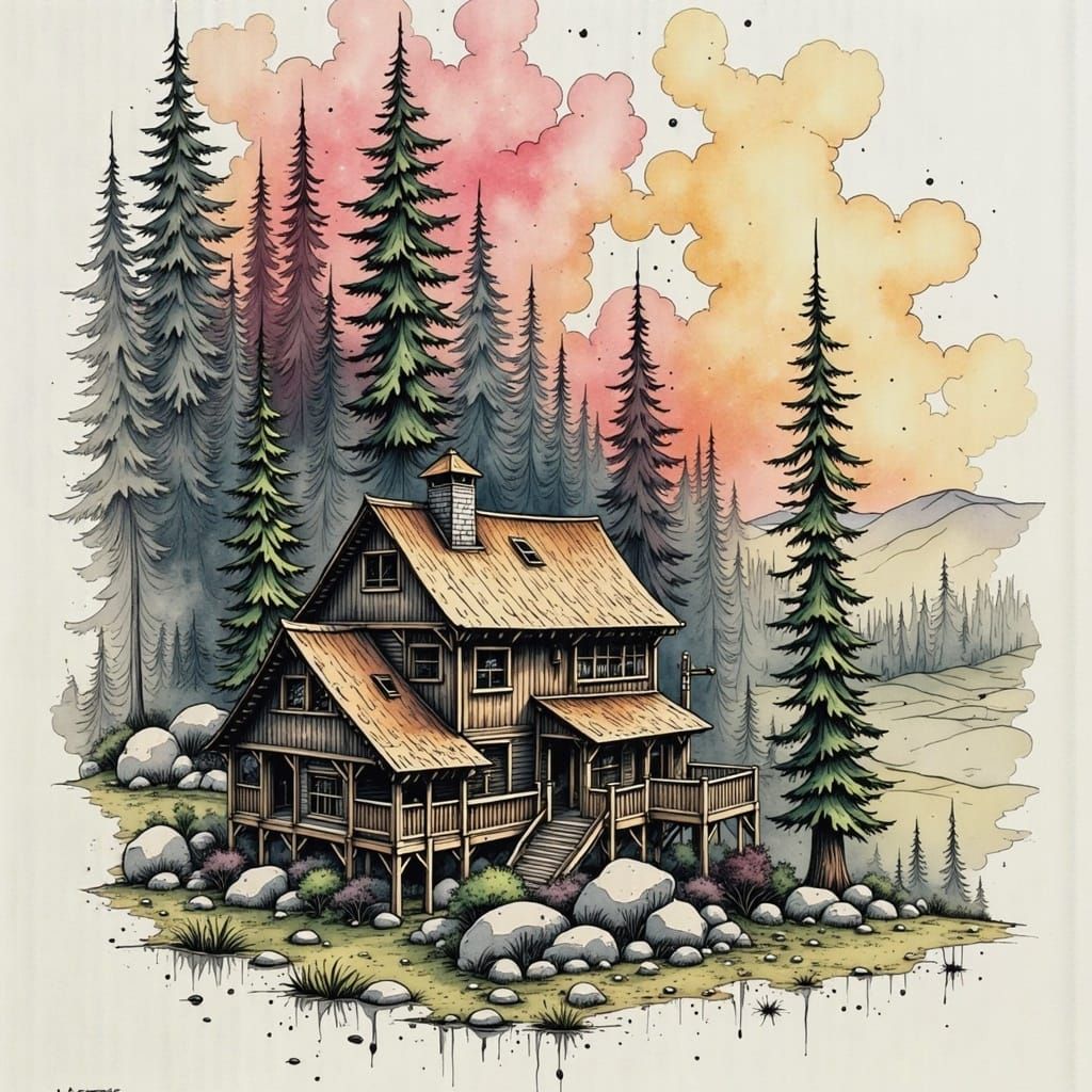 Mechanical Hearts in Cedar Fog: Watercolor Ink