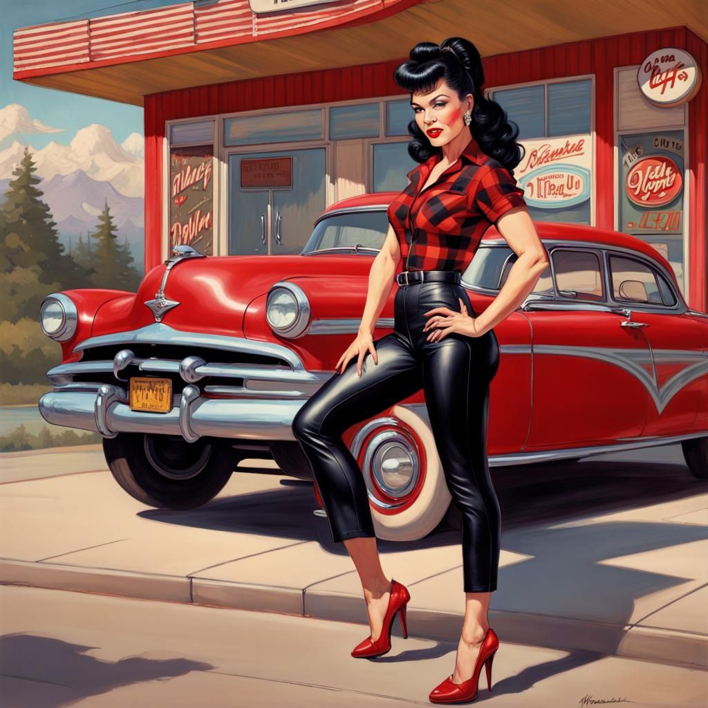 Rockabilly Woman Portrait in Front of 1950s Drive-In