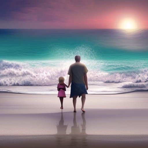 Father and Daughter Walking on Beach at Sunrise