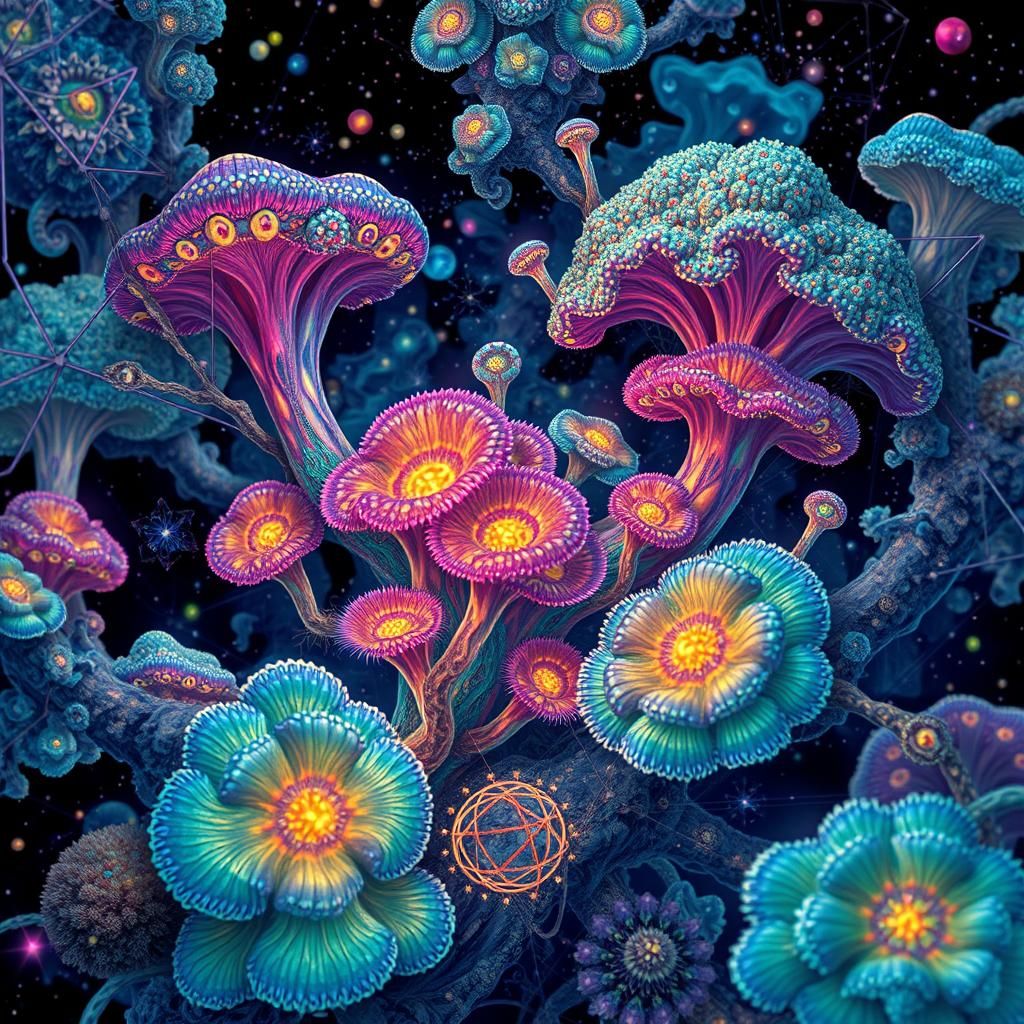 Iridescent Mycelium Growths with Geometric Patterns in Visio...