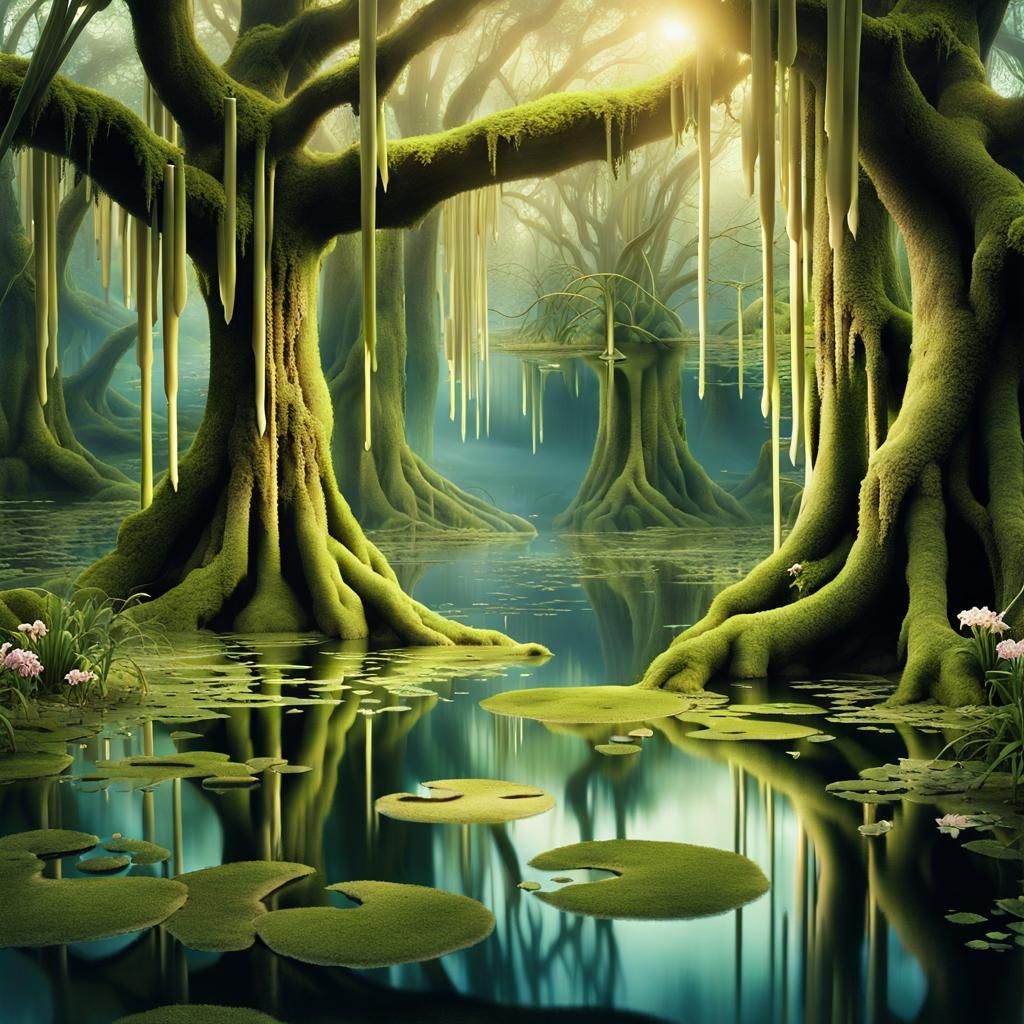 Mystical Mossy Trees in Surreal Water Labyrinth