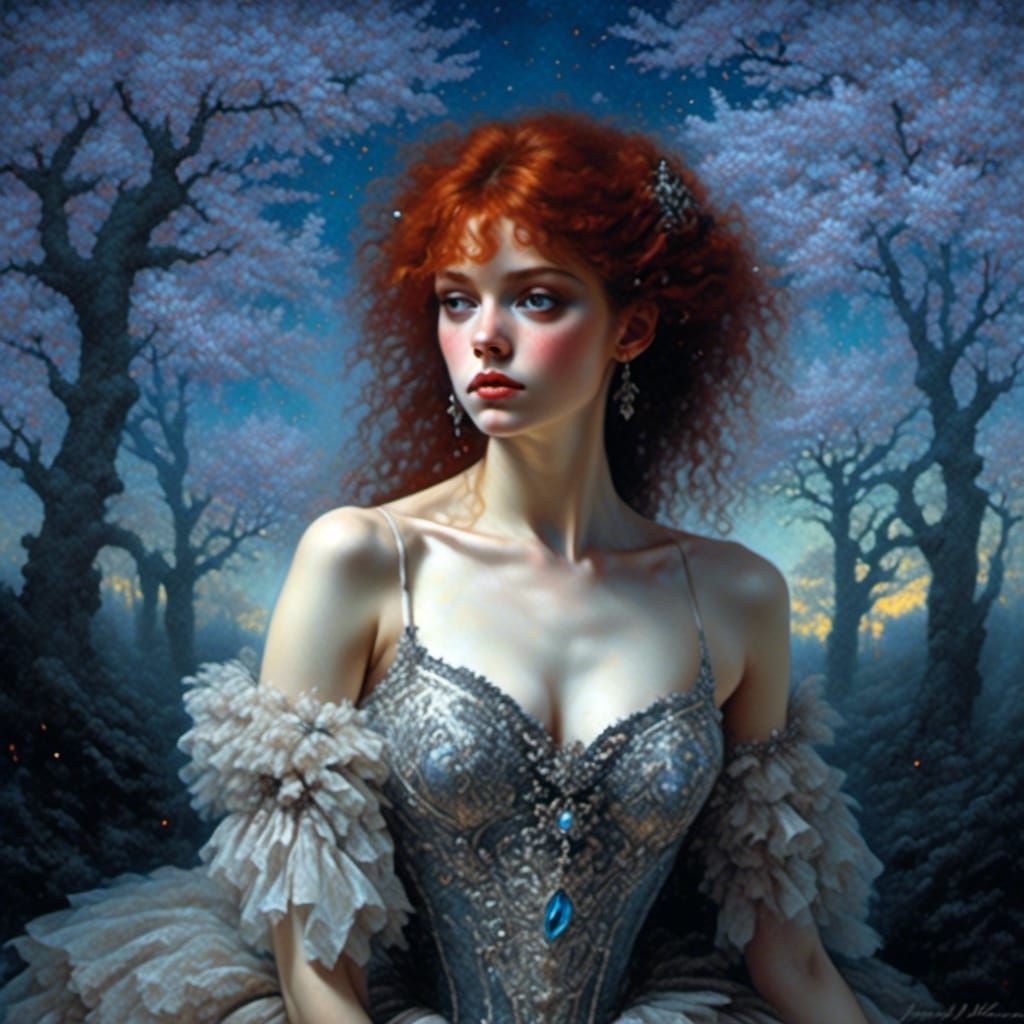 Fantasy Ballerina with Red Hair in Dark Fantasy Style