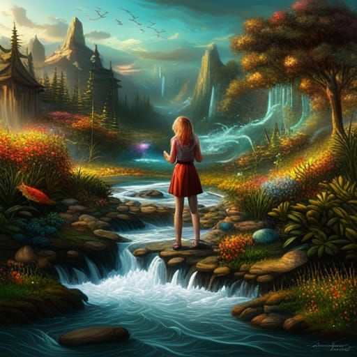 Girl Controls a Stream of Water in Digital Painting